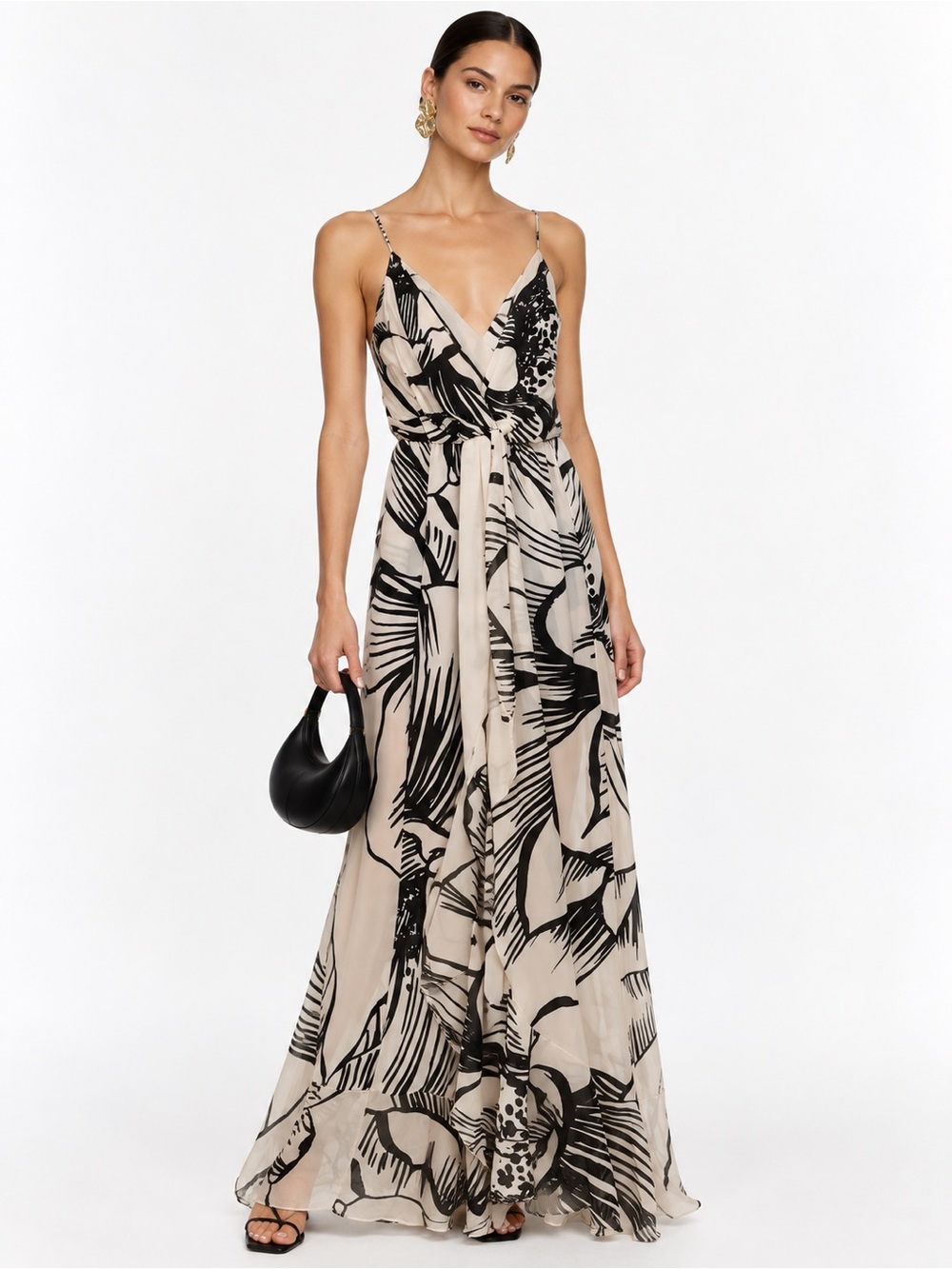 Parker Halle Combo Maxi Dress Fauna Black Cream Silk XS